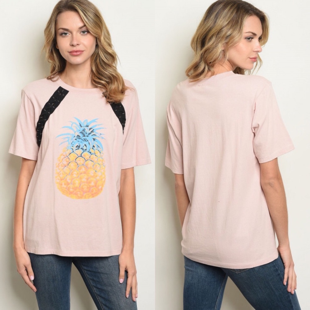 S M L Pineapple Blush Lace Up Top Shirt Blouse